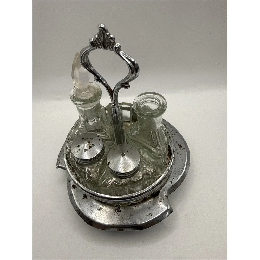 Vintage Cruet Condiment Metal & Glass Set Salt/Pepper, Oil, Sugar With Stand
